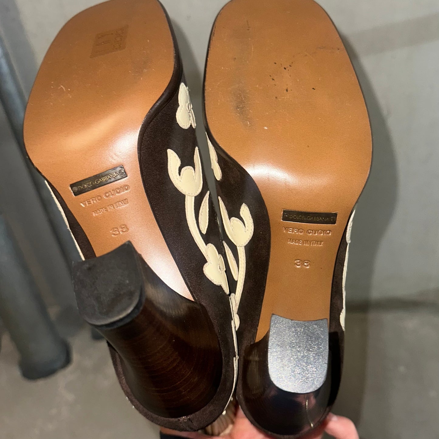 Dolce & Gabbana Brown Suede & Cream Leather Floral Boots (38)