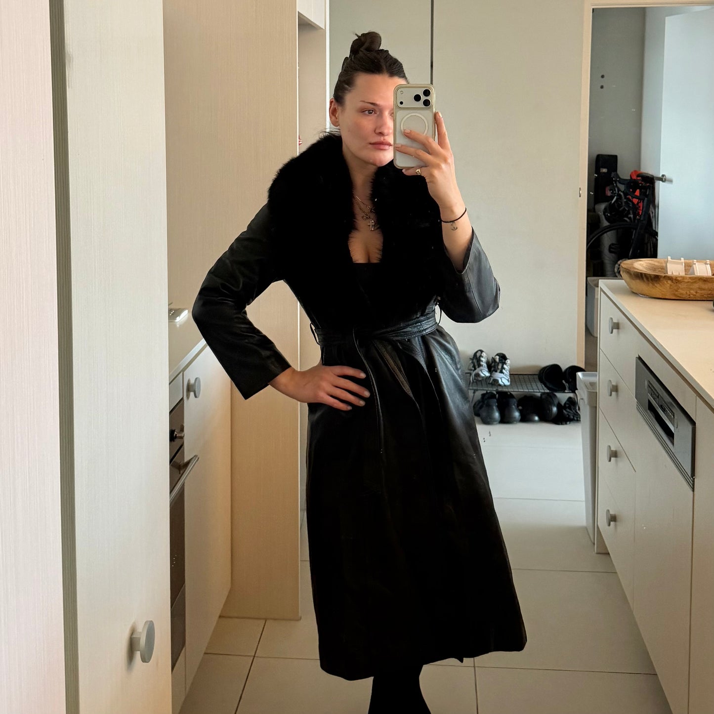Vintage Leather Trench with Real Fur Collar