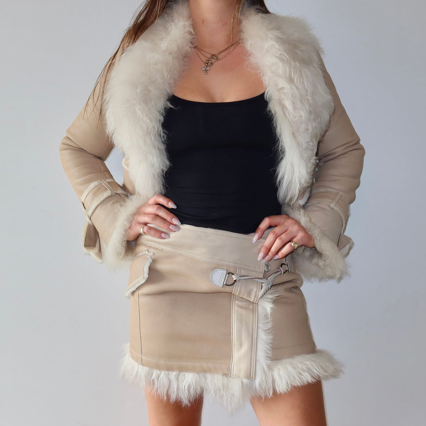 Burberry Shearling Coat and Skirt Set