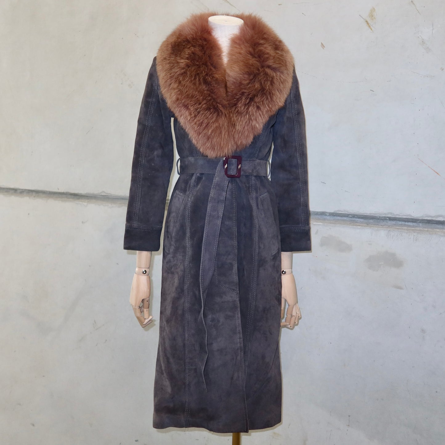 Vintage Suede Trench with Real Fur Collar