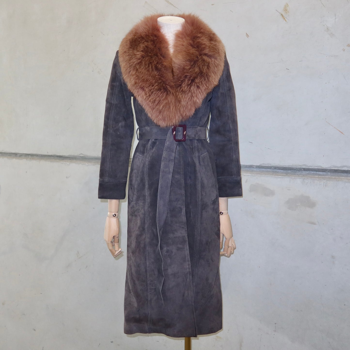 Vintage Suede Trench with Real Fur Collar