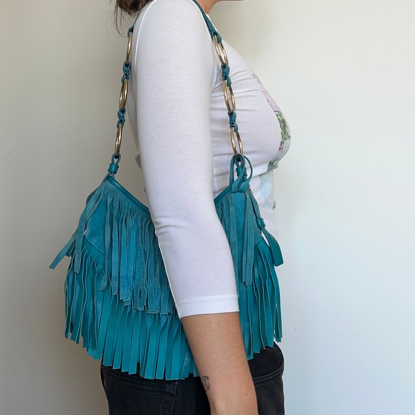 YSL Blue Suede Fringe Bag