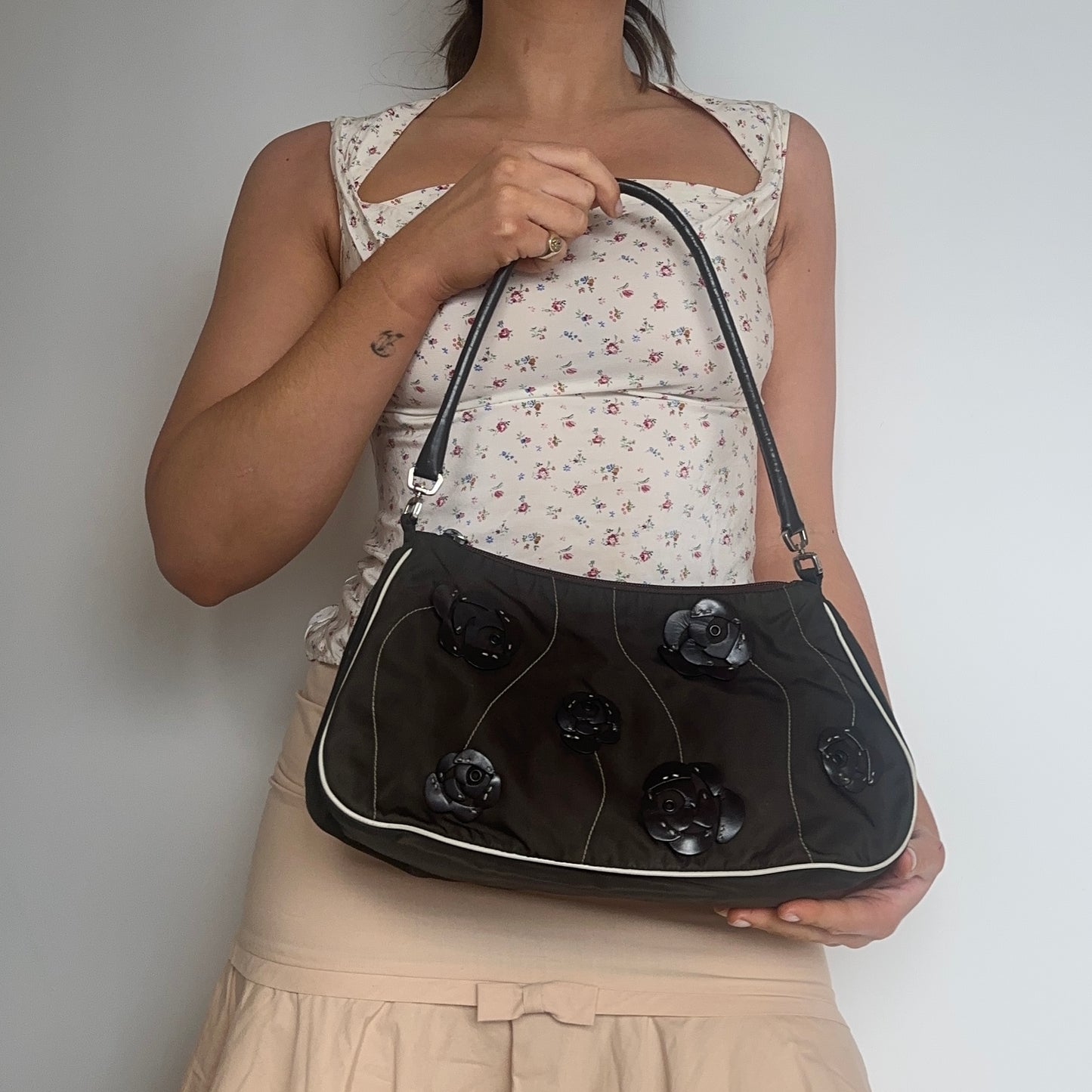 Prada Brown Nylon Floral Shoulder Bag