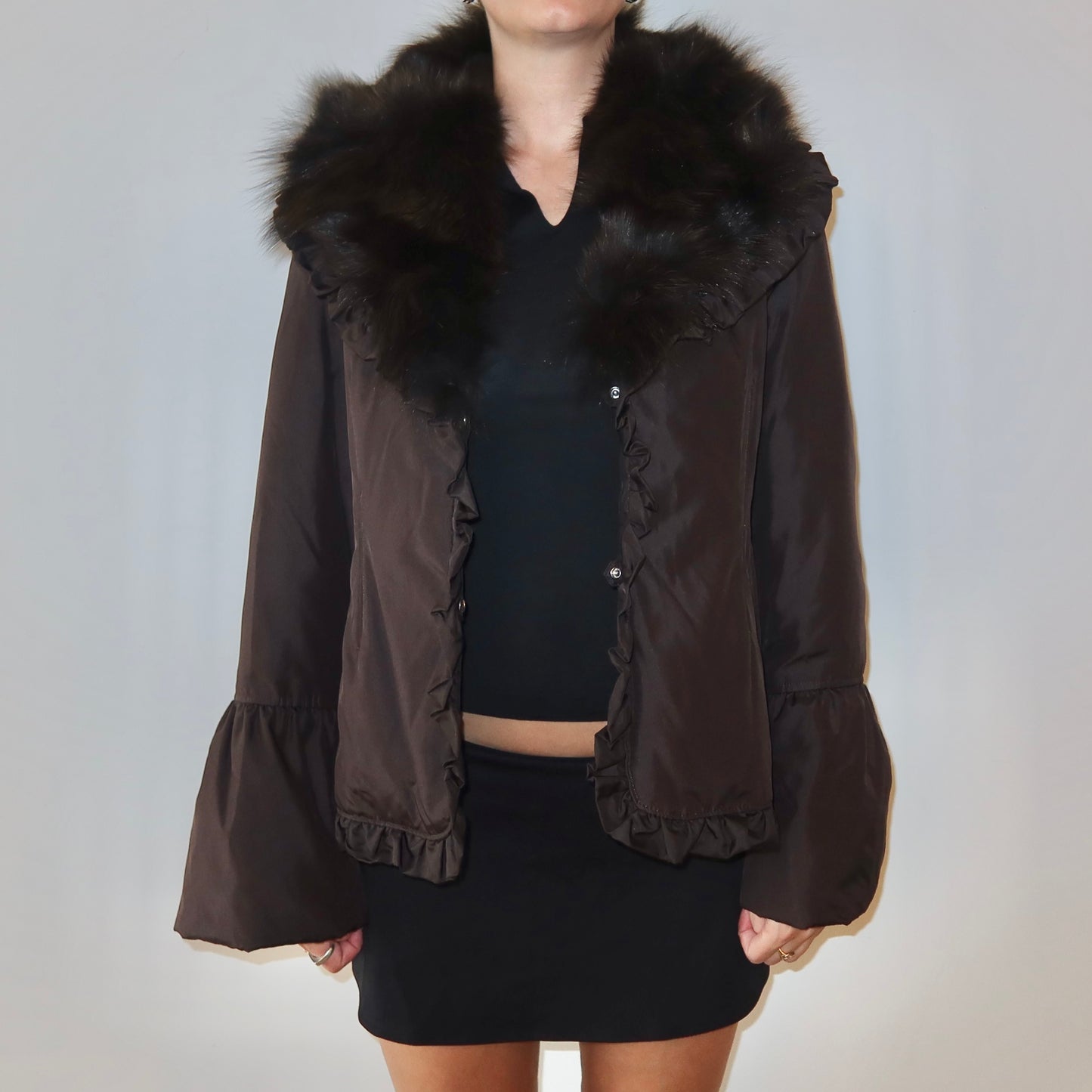 Balmain Brown Nylon and Fur Coat
