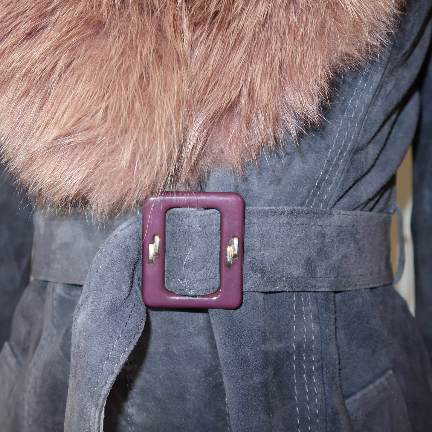 Vintage Suede Trench with Real Fur Collar