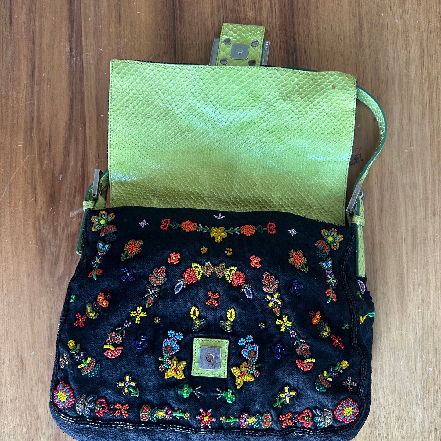 Fendi Floral Mamma Denim Beaded Baguette