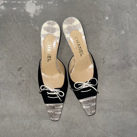 Chanel Black Suede Mules with Snakeskin Accents (38)