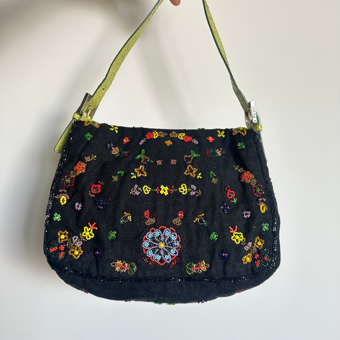 Fendi Floral Mamma Denim Beaded Baguette