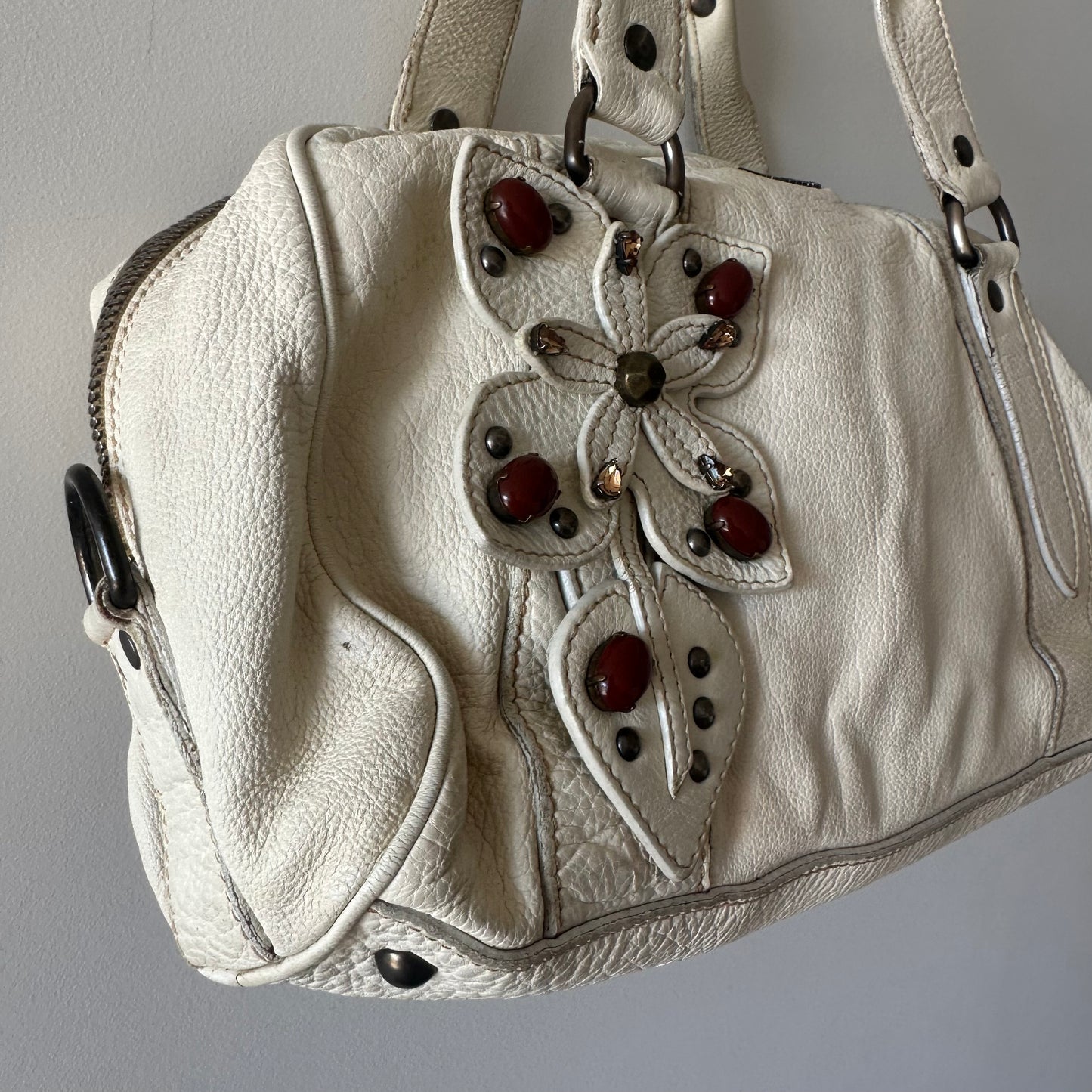 Miu Miu White Leather Bag with 3D Embellished Flower Appliqué
