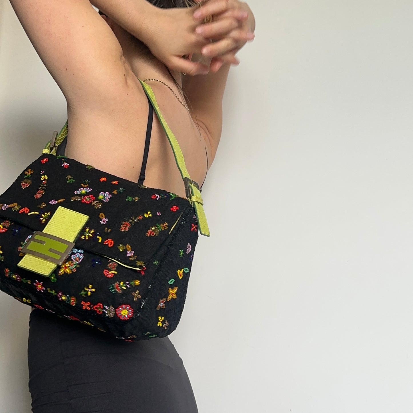 Fendi Floral Mamma Denim Beaded Baguette