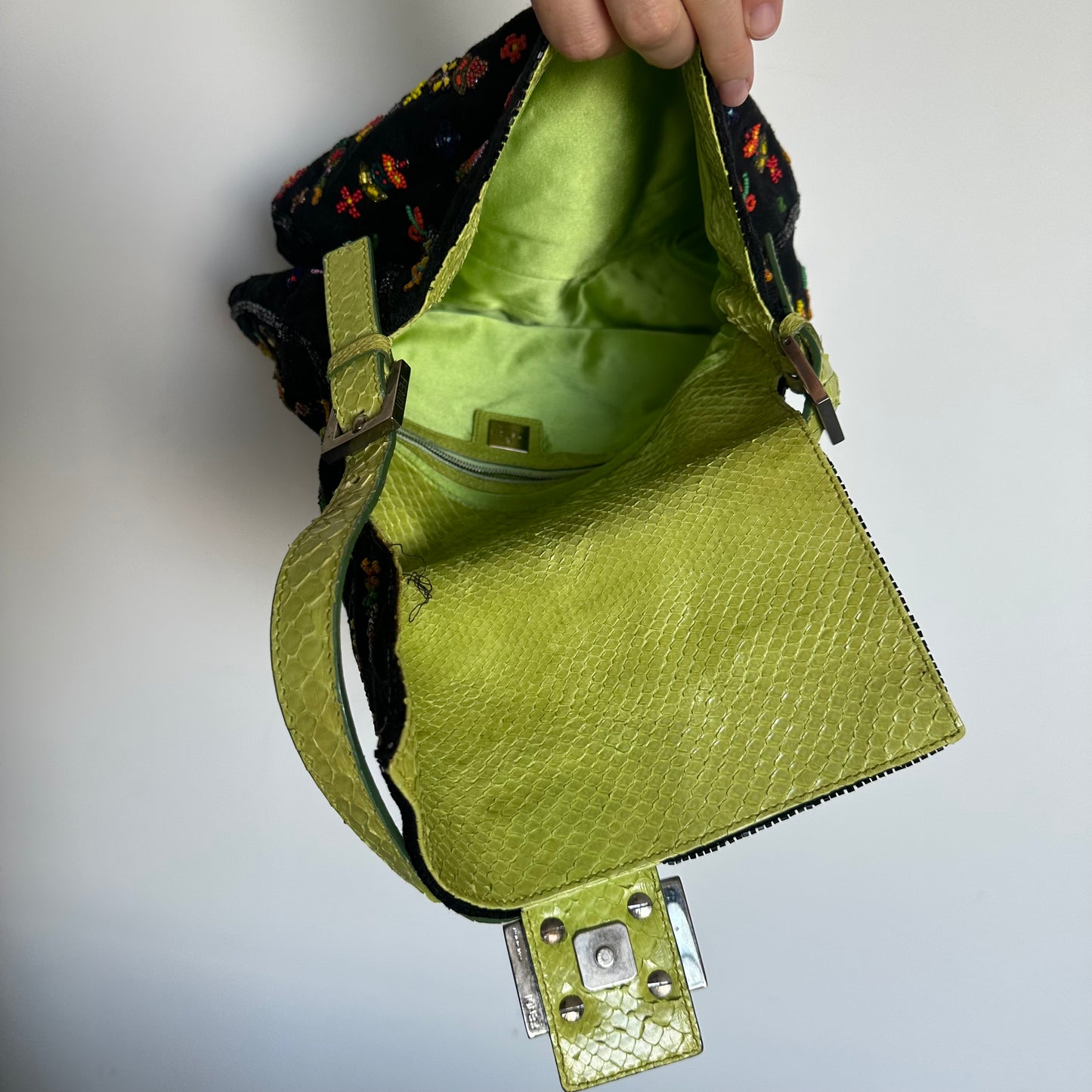 Fendi Floral Mamma Denim Beaded Baguette