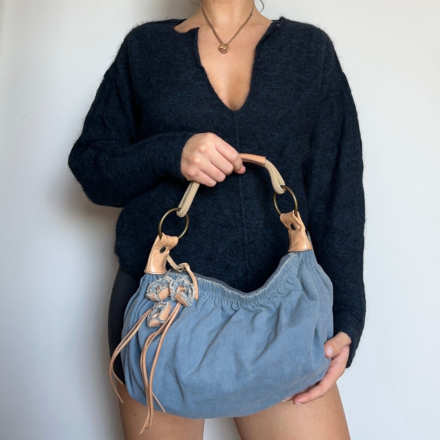 Miu Miu Denim Bag with Flower Appliqué