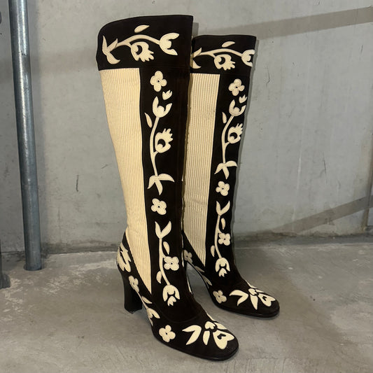 Dolce & Gabbana Brown Suede & Cream Leather Floral Boots (38)