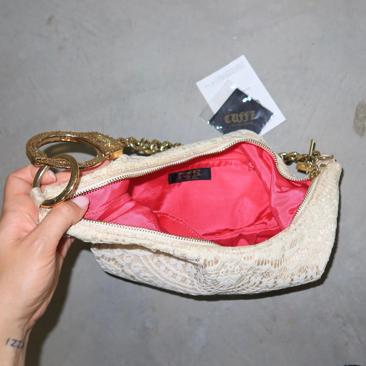Cuffz Rare Lace Barfly Bag with Gold Swarovski Cuff