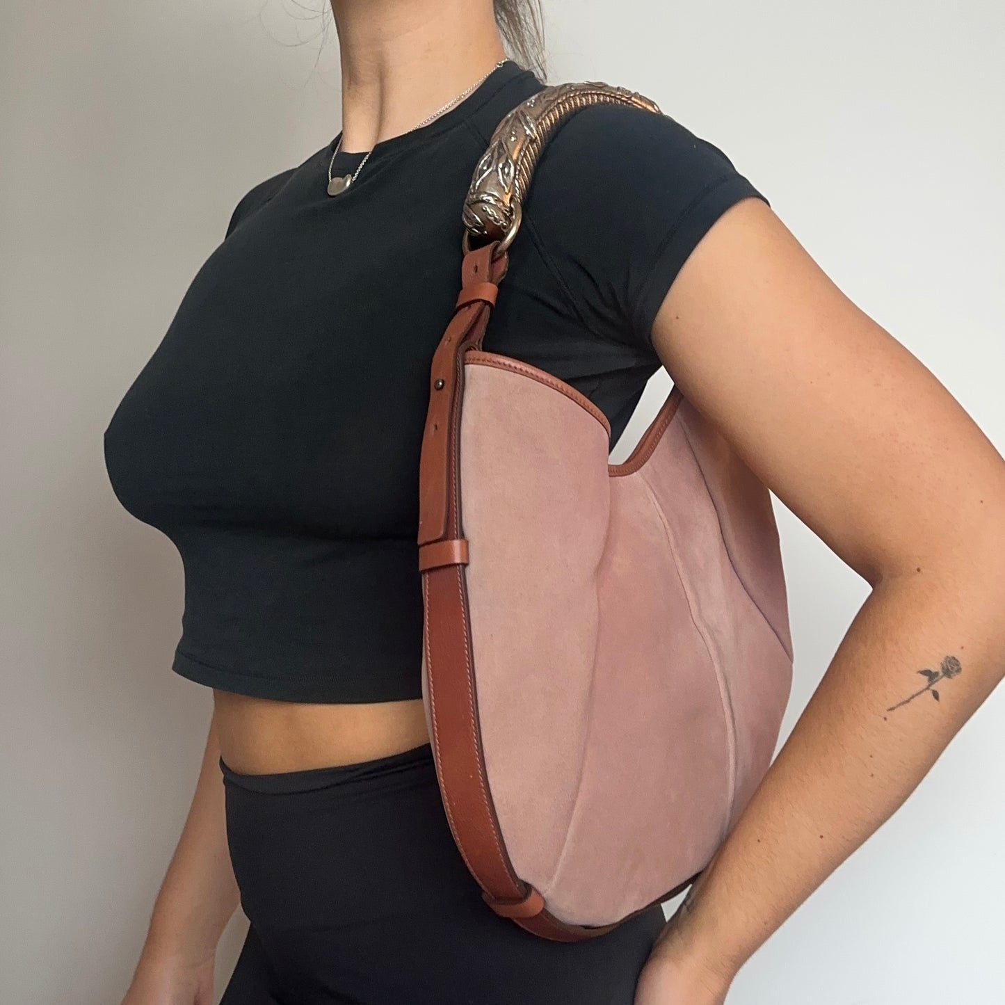 YSL Rare Pink Suede Mombasa with Silver Horn Handle