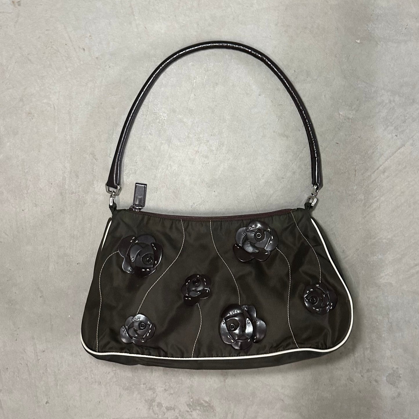Prada Brown Nylon Floral Shoulder Bag