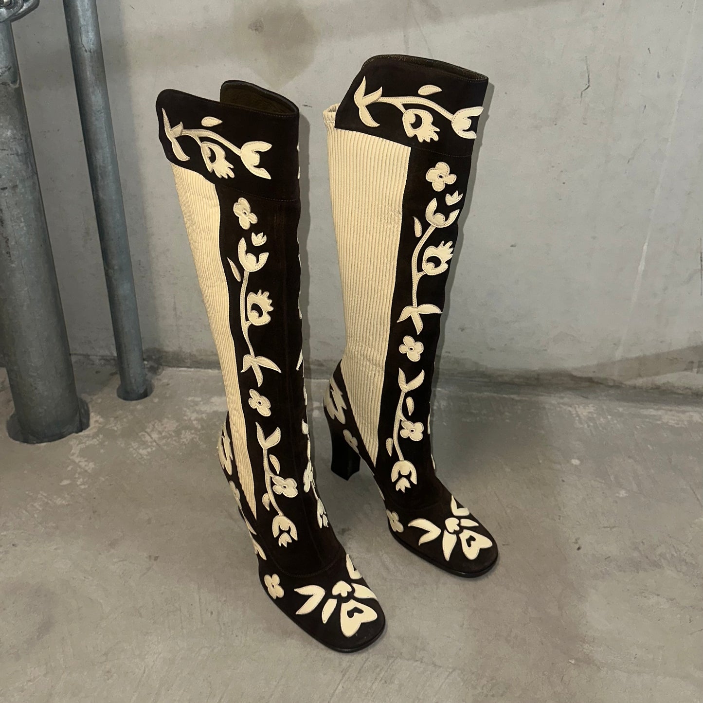 Dolce & Gabbana Brown Suede & Cream Leather Floral Boots (38)