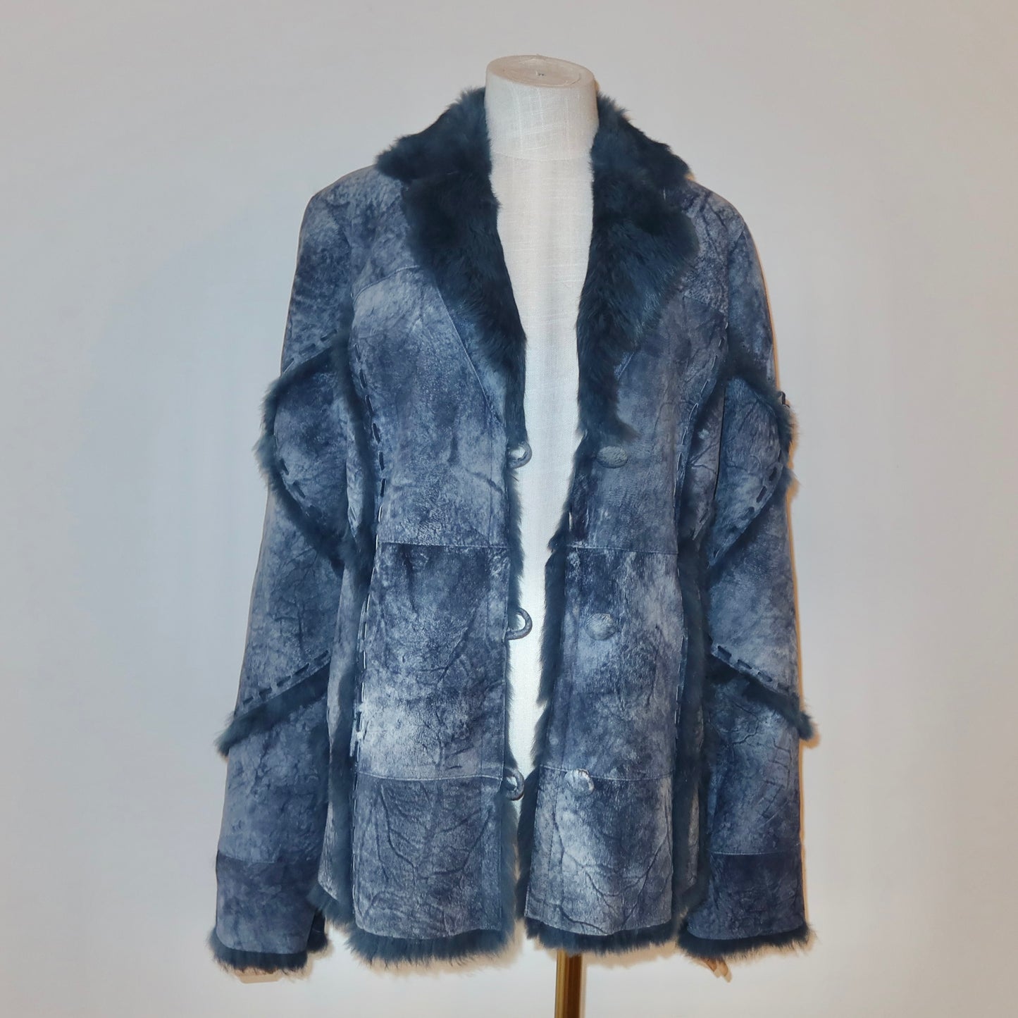 Vintage Blue Leather and Real Fur Coat