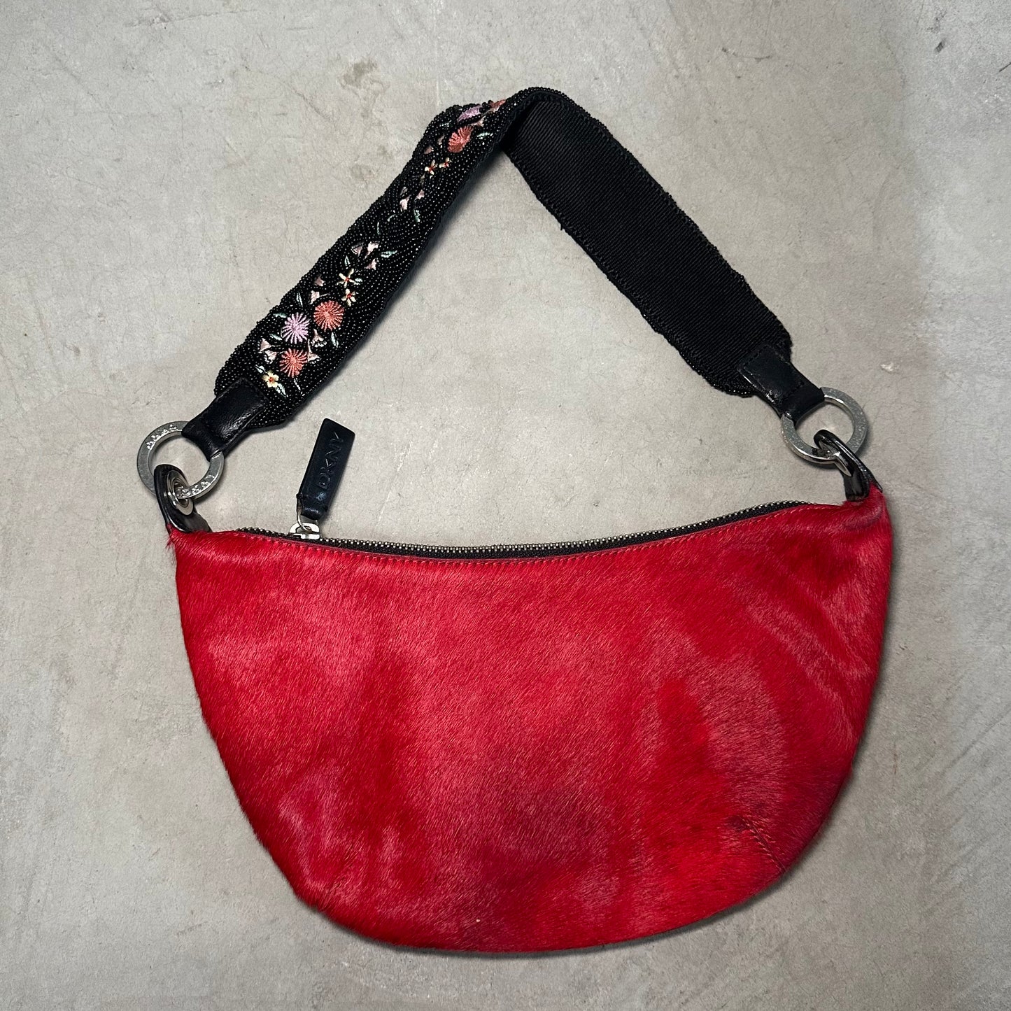 DKNY Red Cowhide Bag with Beaded Strap