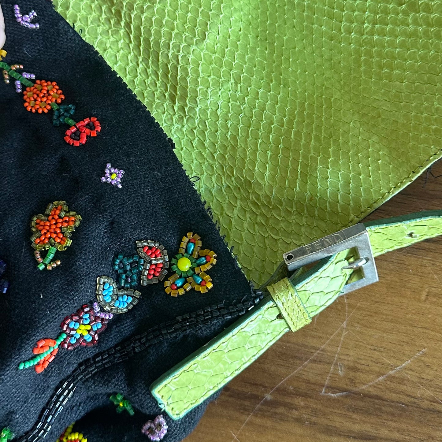 Fendi Floral Mamma Denim Beaded Baguette