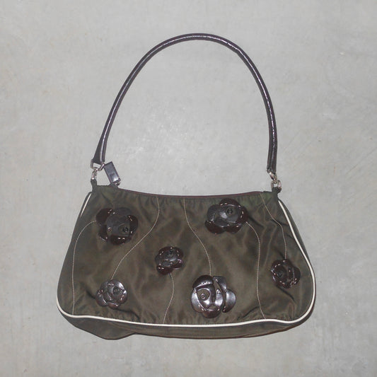 Prada Brown Nylon Floral Shoulder Bag