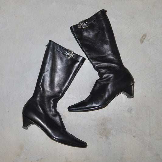 Prada Square Toe Heeled Buckle Boots (37.5)