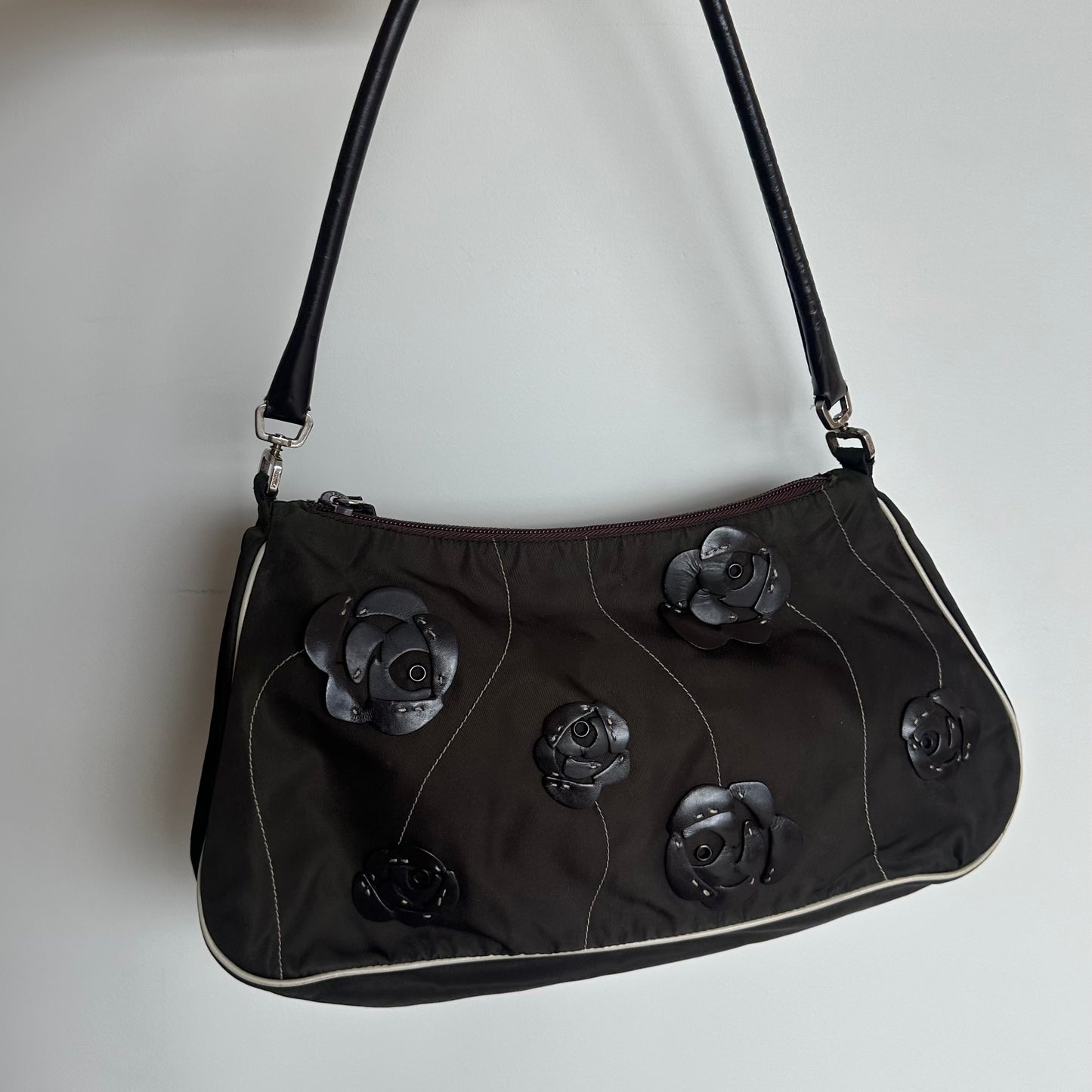 Prada Brown Nylon Floral Shoulder Bag