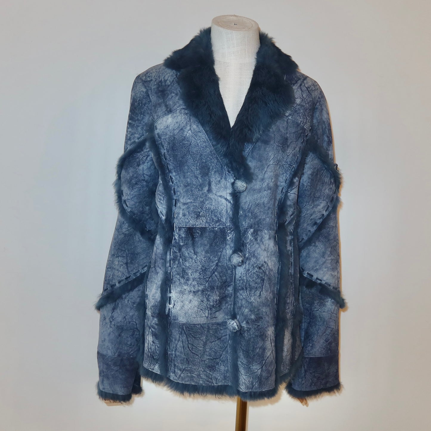 Vintage Blue Leather and Real Fur Coat
