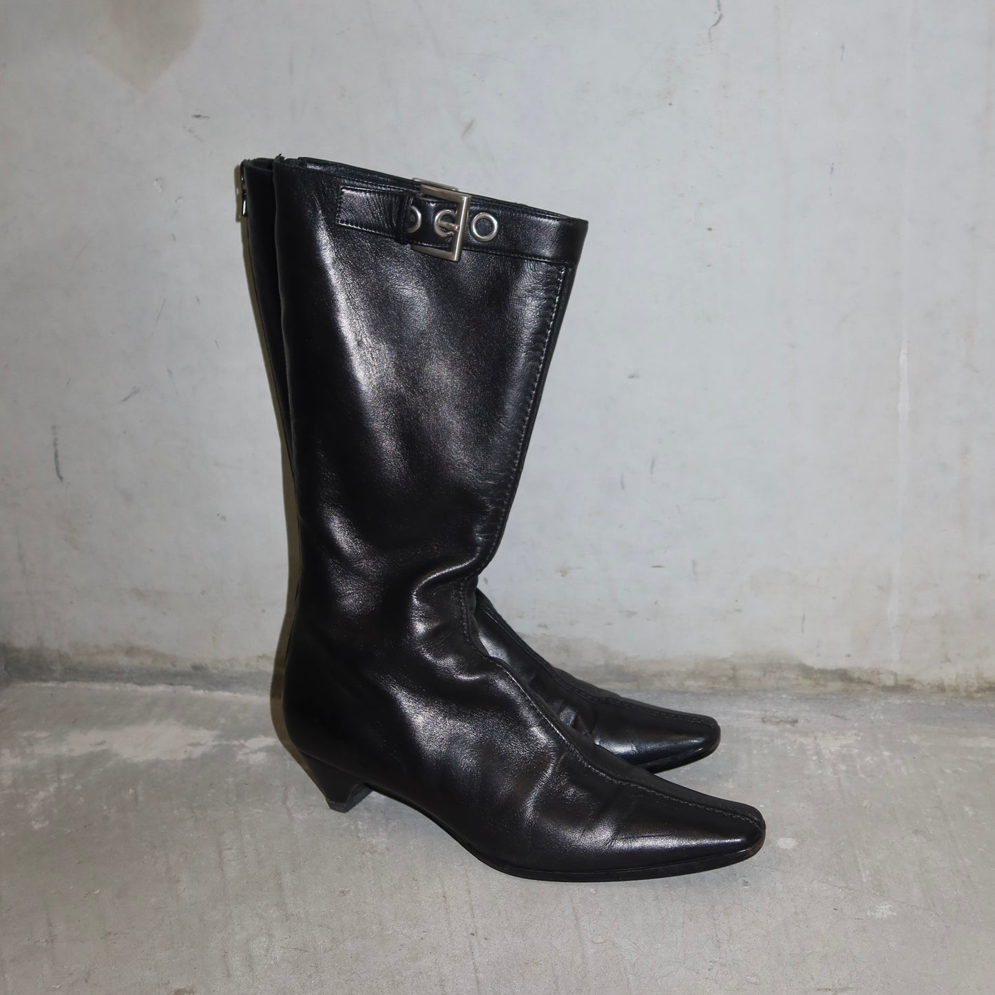 Prada Square Toe Heeled Buckle Boots (37.5)