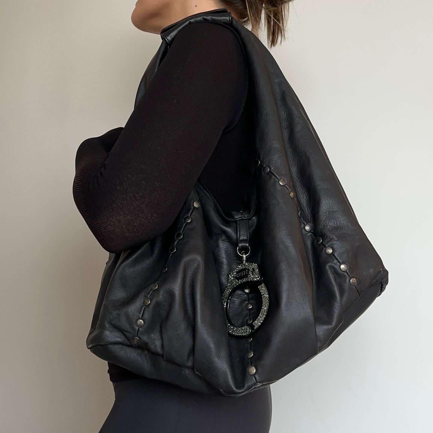 Cuffz Large Black Leather Hobo Bag