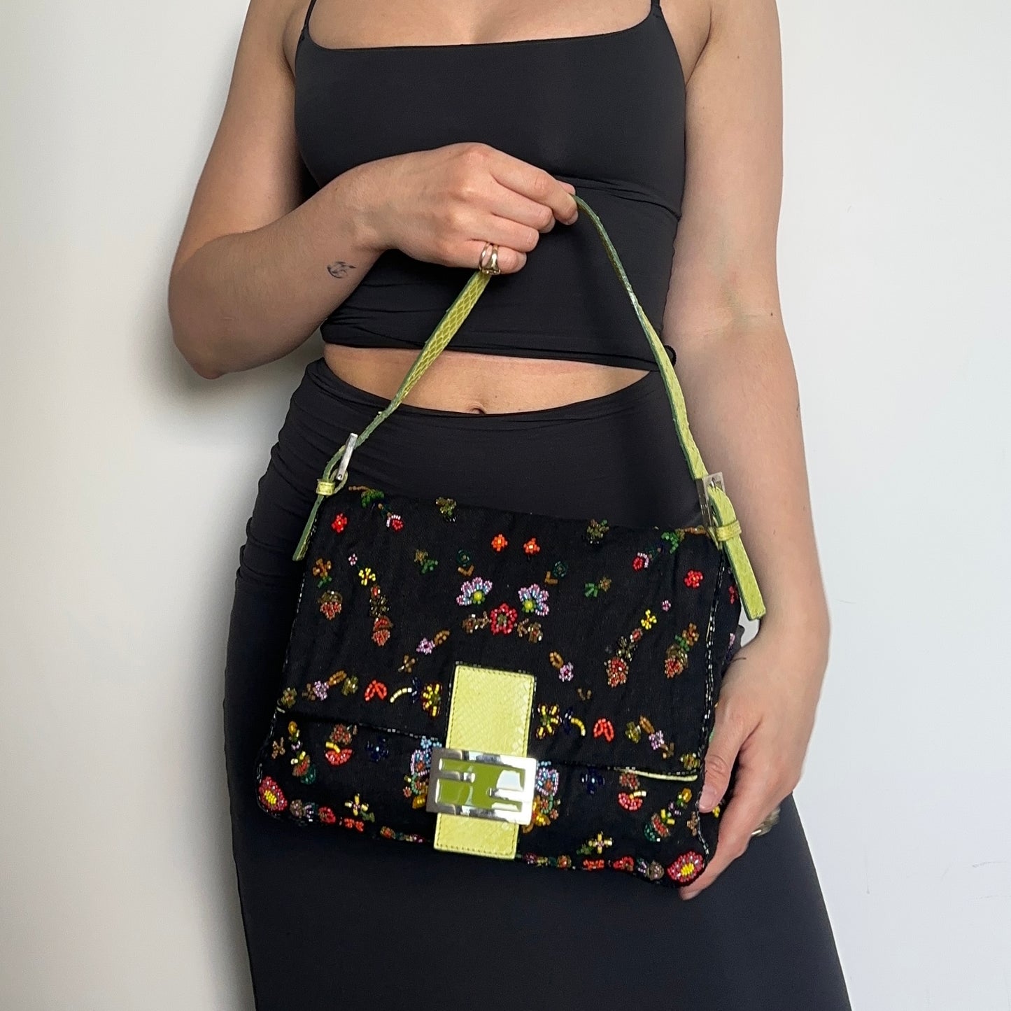 Fendi Floral Mamma Denim Beaded Baguette