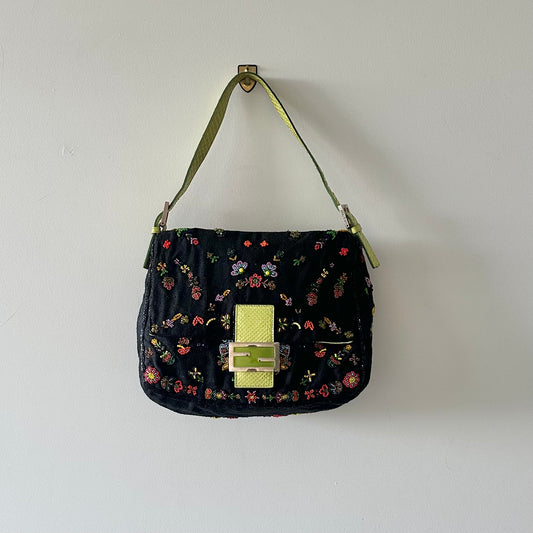 Fendi Floral Mamma Denim Beaded Baguette