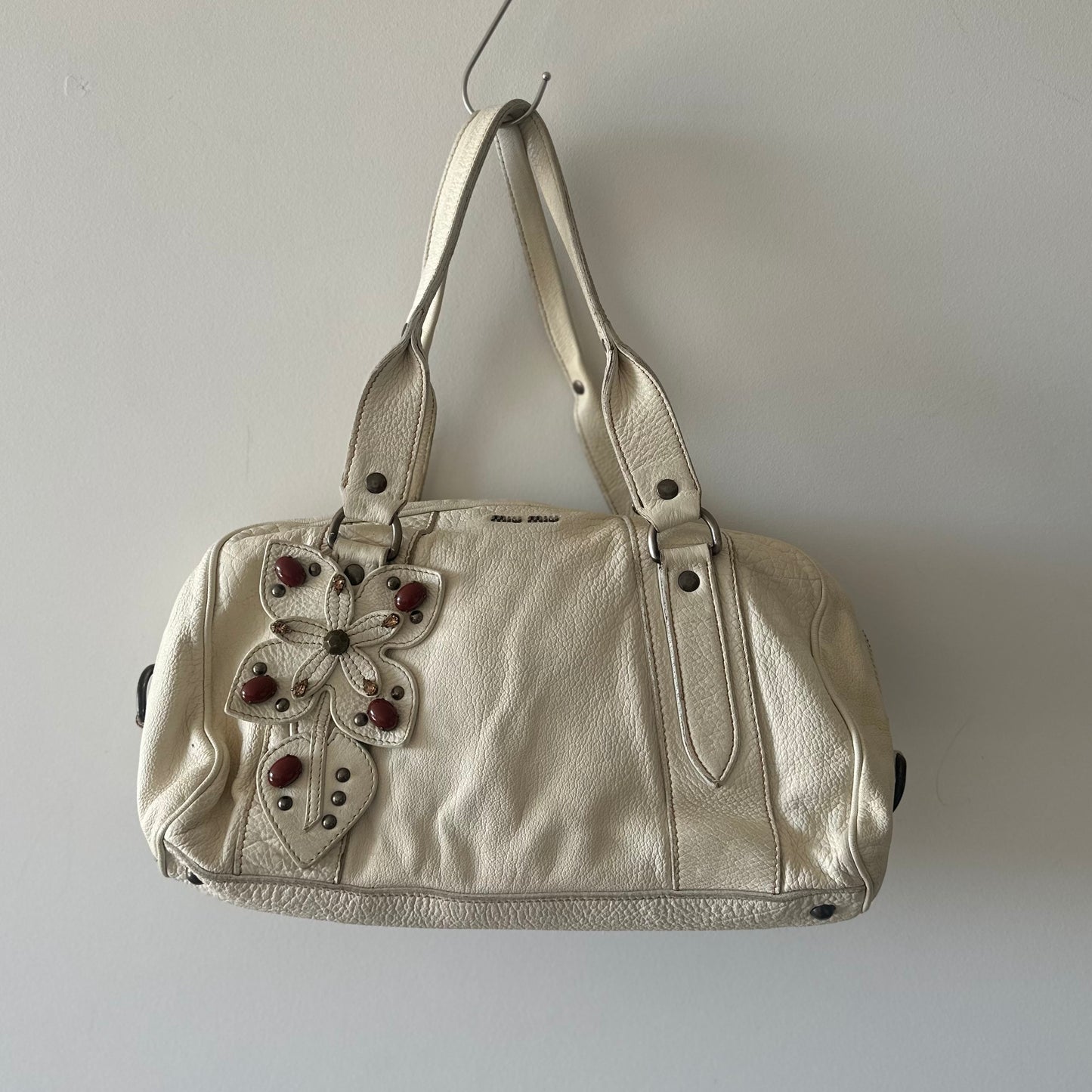 Miu Miu White Leather Bag with 3D Embellished Flower Appliqué