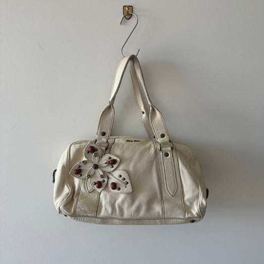 Miu Miu White Leather Bag with 3D Embellished Flower Appliqué
