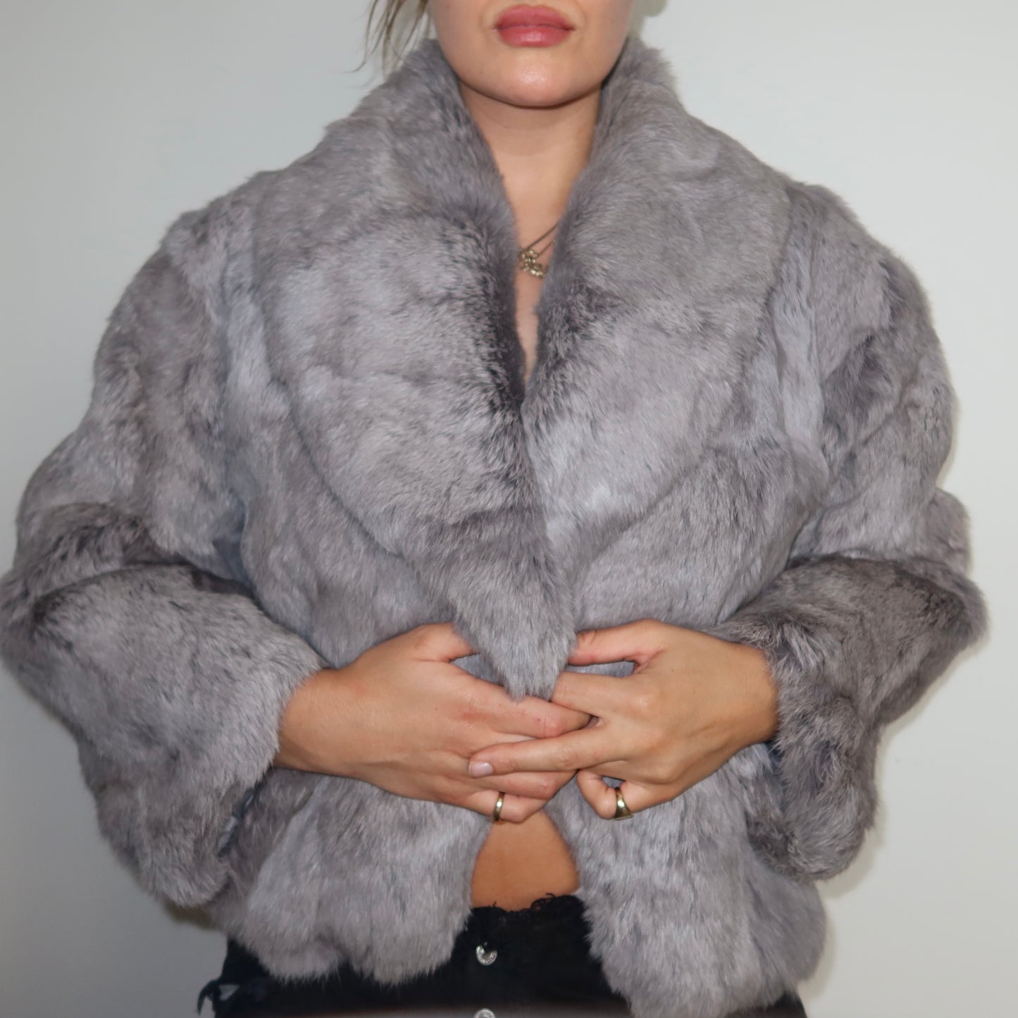 Vintage Grey Oversized Rabbit Fur Jacket