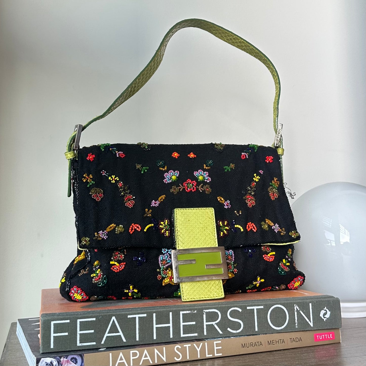 Fendi Floral Mamma Denim Beaded Baguette