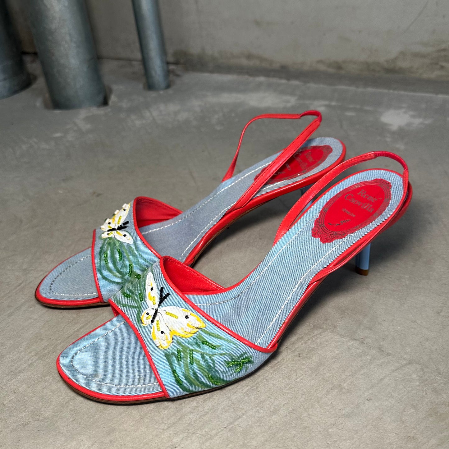 Rene Caovilla Denim Kitten Heels with Butterfly Detail (38.5)