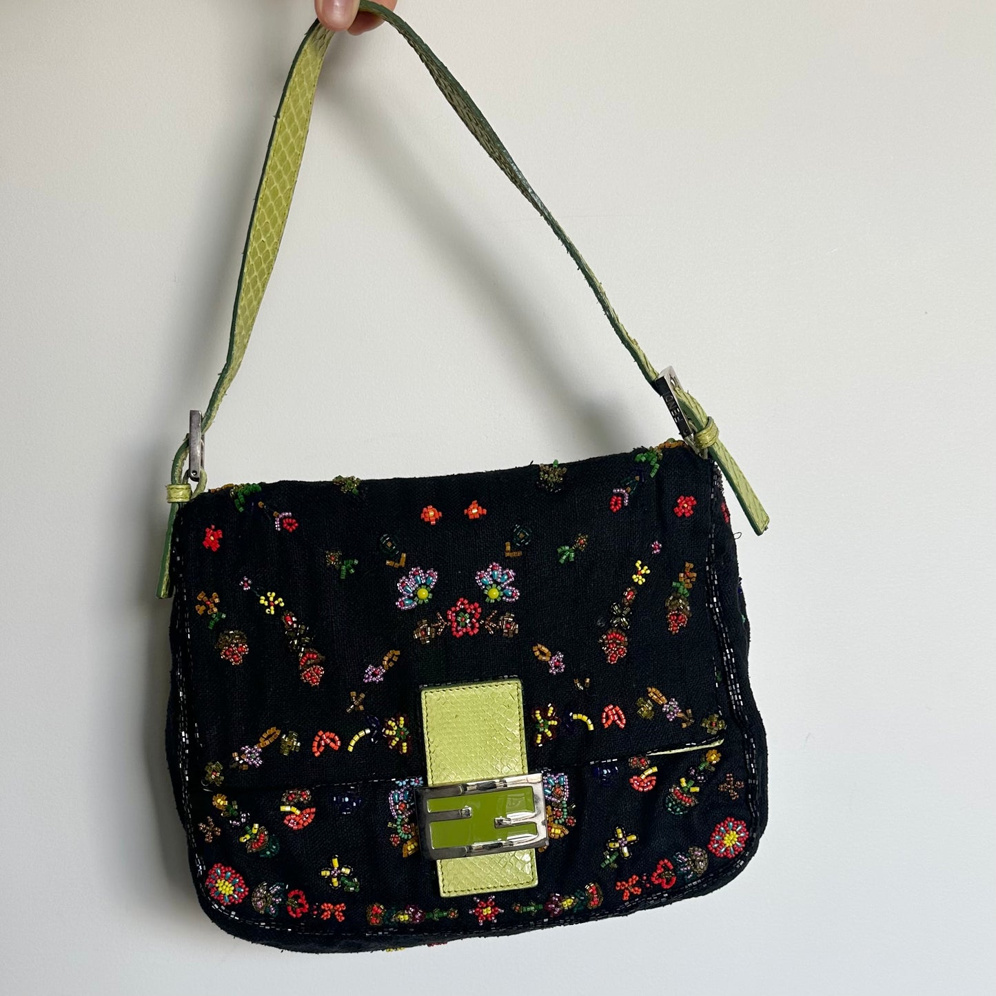 Fendi Floral Mamma Denim Beaded Baguette