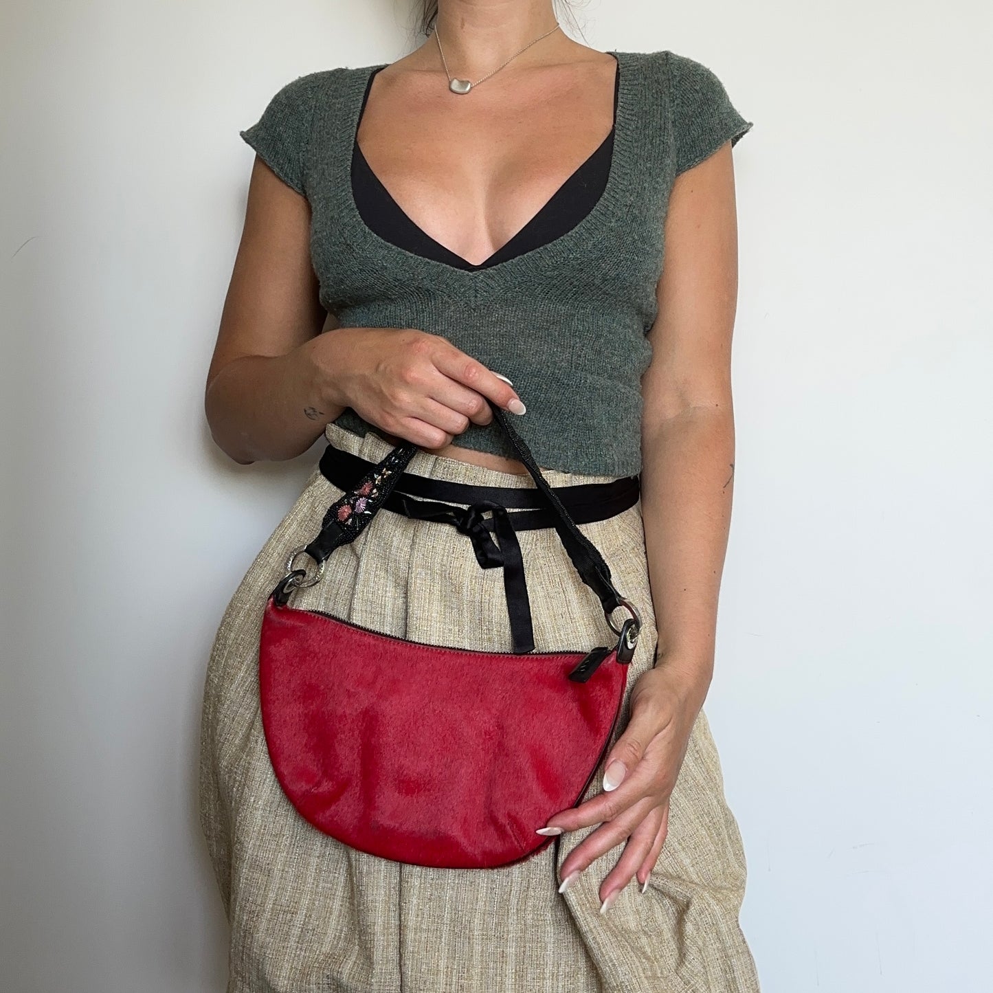 DKNY Red Cowhide Bag with Beaded Strap