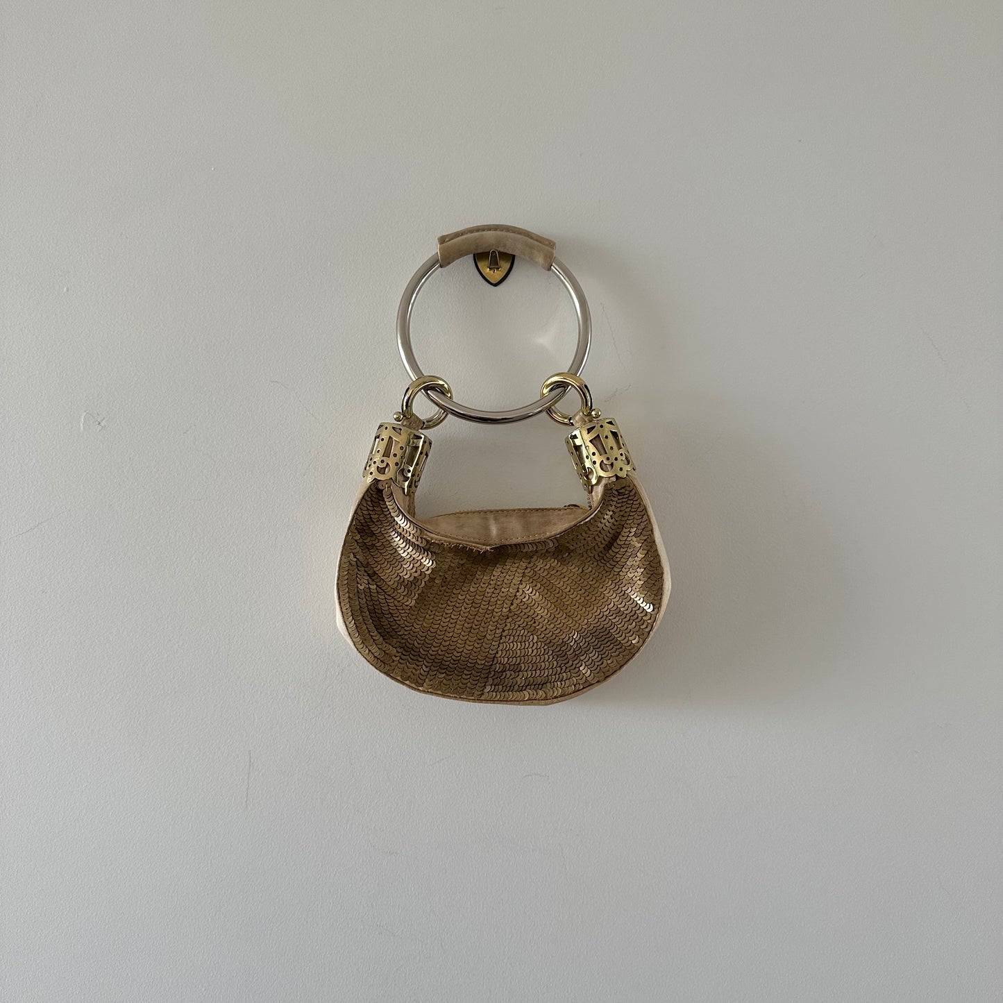Chloe Mini Gold Sequin and Silk Bracelet Bag