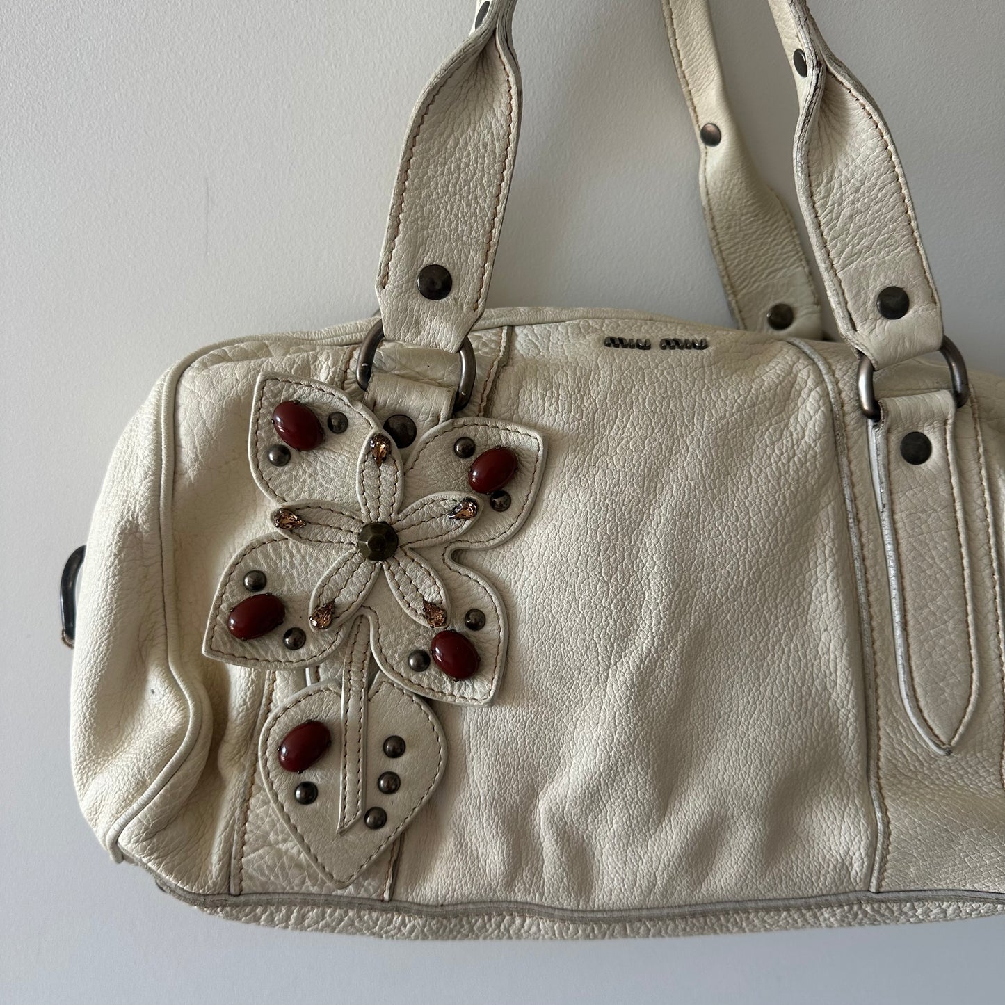 Miu Miu White Leather Bag with 3D Embellished Flower Appliqué