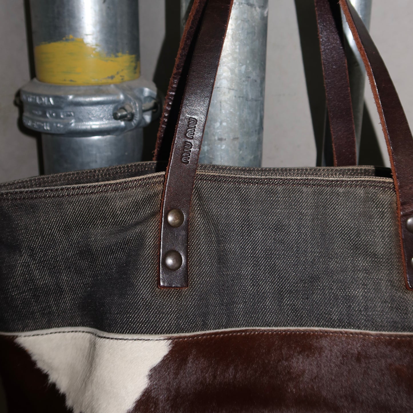 Miu Miu Cowhide and Denim Tote Bag