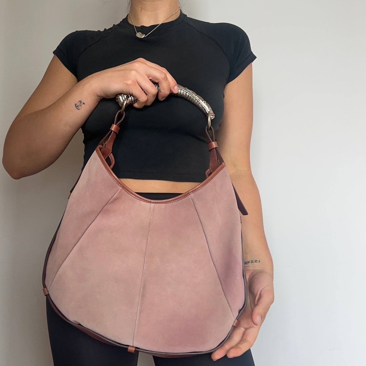 YSL Rare Pink Suede Mombasa with Silver Horn Handle