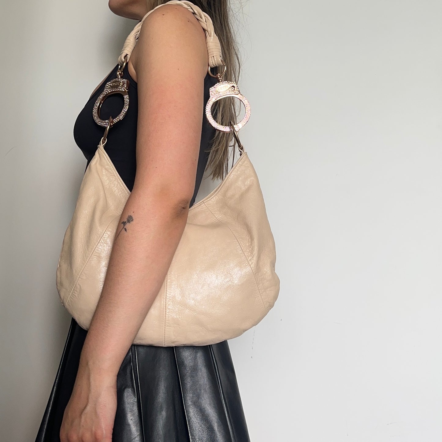 Cuffz Beige Leather Double Bag with Rose Gold Hardware