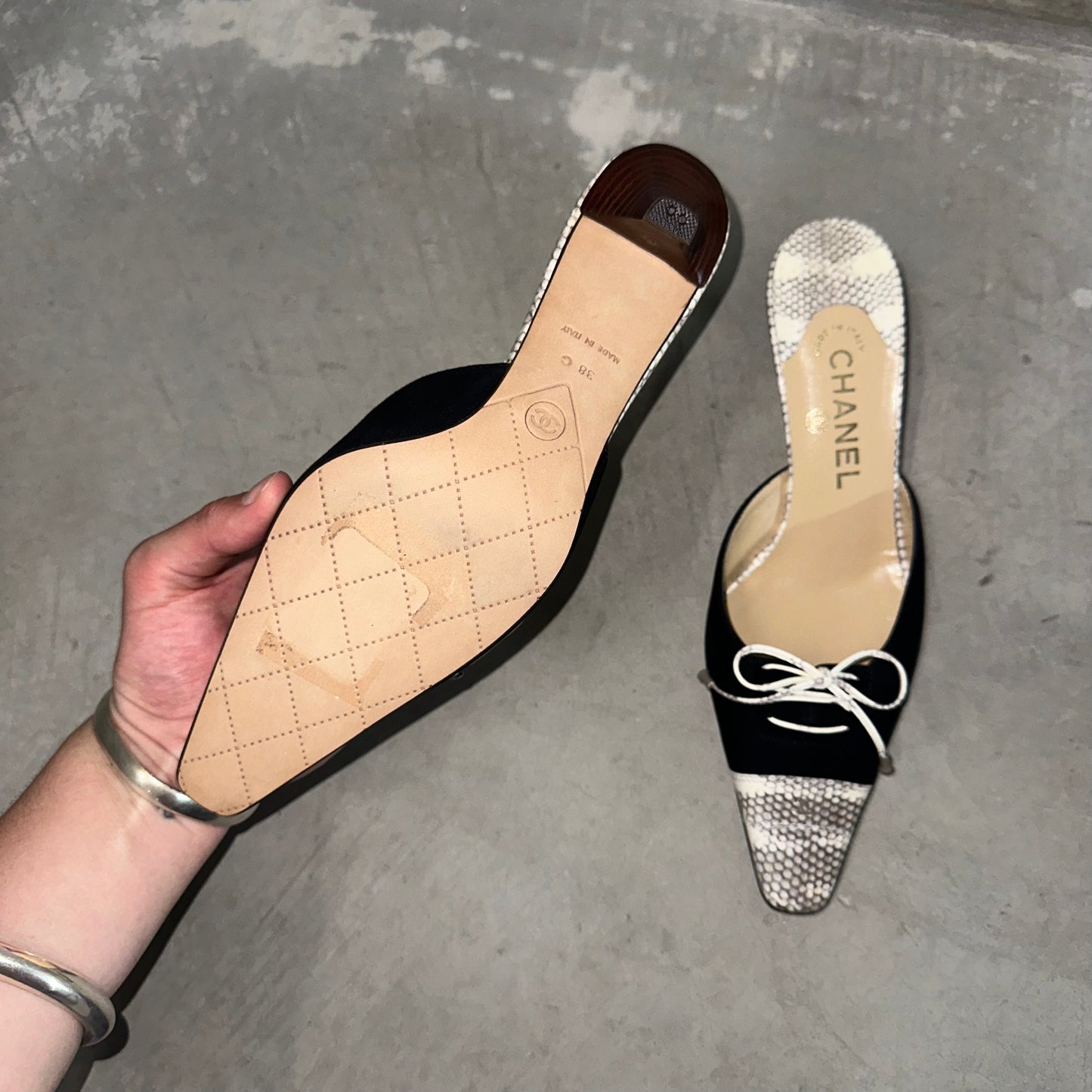 Chanel Black Suede Mules with Snakeskin Accents (38)