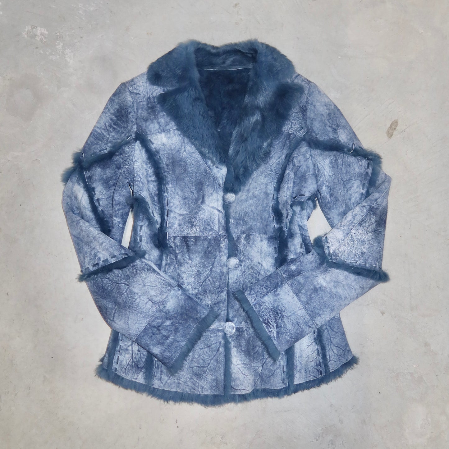 Vintage Blue Leather and Real Fur Coat