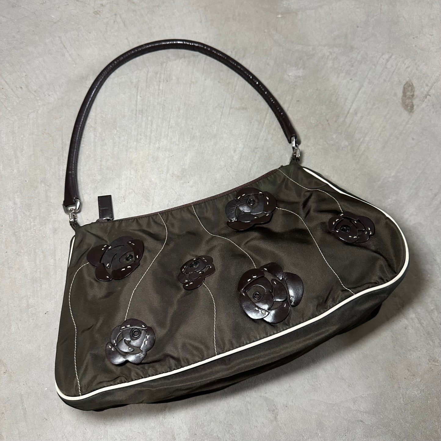Prada Brown Nylon Floral Shoulder Bag