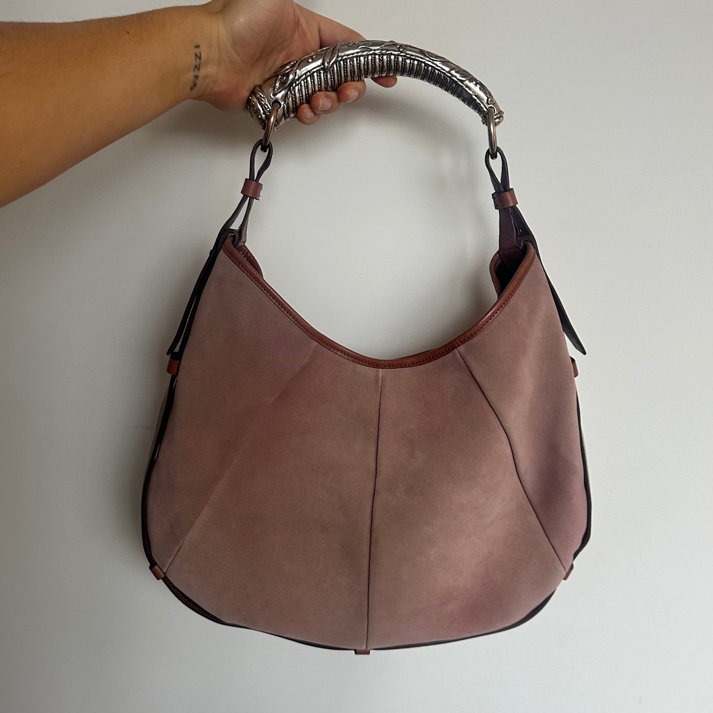 YSL Rare Pink Suede Mombasa with Silver Horn Handle