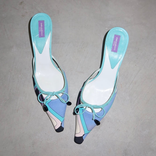 Emilio Pucci Blue Kitten Heel Mules (38.5)