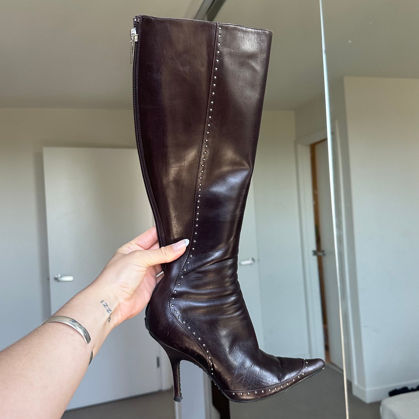 Dior Brown Leather Studded Boots (37.5)